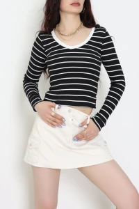 V Yaka Çizgili Kaşkorse Body Siyahbeyaz - 70763.1748.