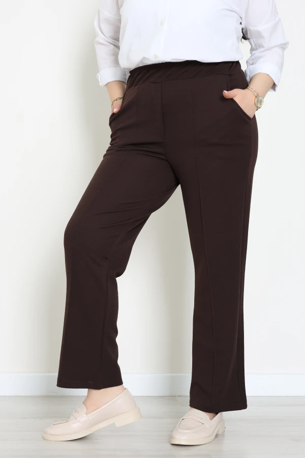 Zra Krep Bel Lastikli Büyük Beden Pileli Pantolon Kahve - 70905.308.