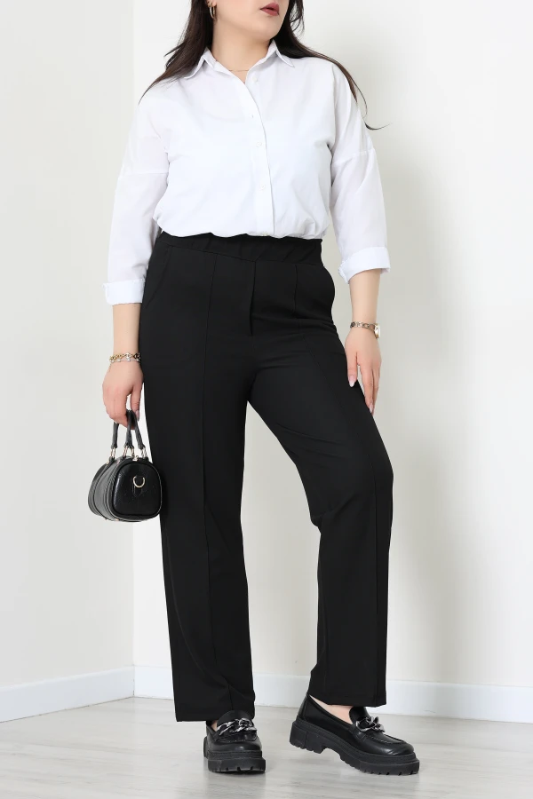 Zra Krep Bel Lastikli Büyük Beden Pileli Pantolon Siyah - 70905.308.