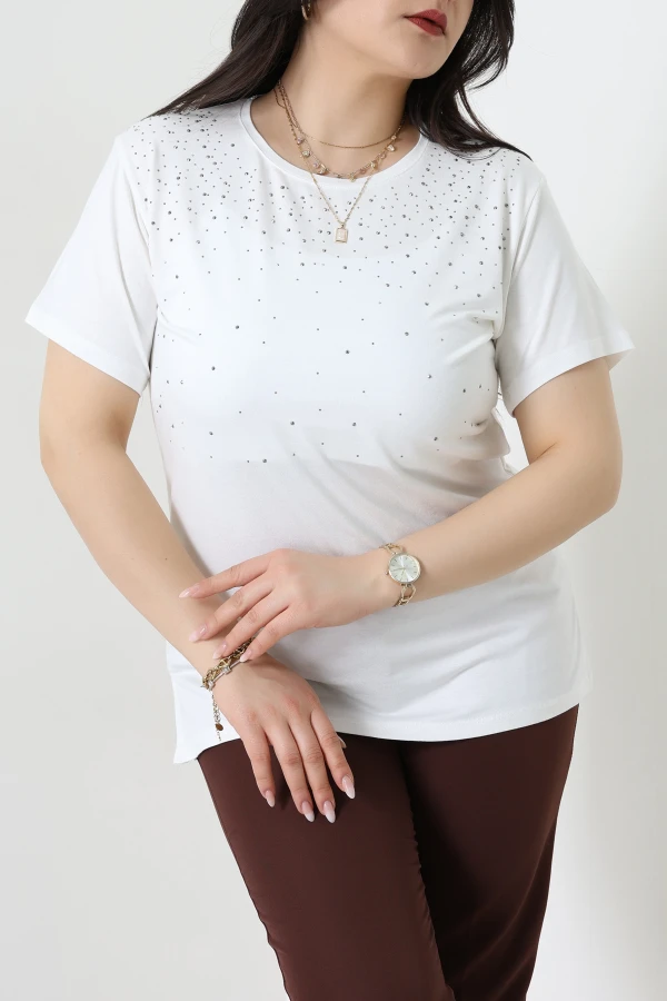 Taş Detaylı Büyük Beden Viskon Bluz Ekru - 70910.1969.