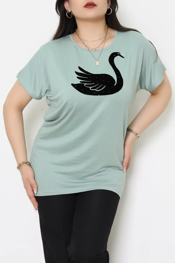 Kuğu İşlemeli Büyük Beden Bluz Mint - 70912.1969.