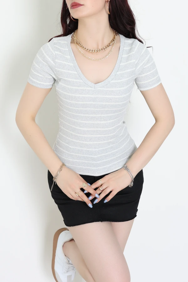V Yaka Kısa Kol Çizgili Kaşkorse Body Griekru - 70980.1748.