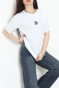 Suprem Nakışlı Oversize Tişört Beyaz - 31877.1878.