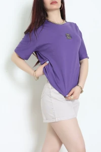 Suprem Nakışlı Oversize Tişört Mor - 31877.1878.