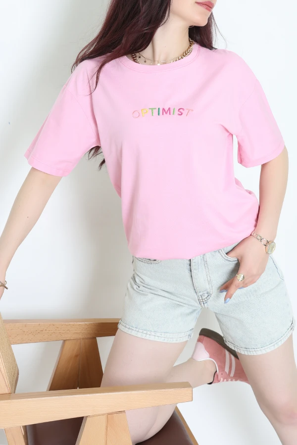 Suprem Nakışlı Oversize Tişört Pembe - 31878.1878.