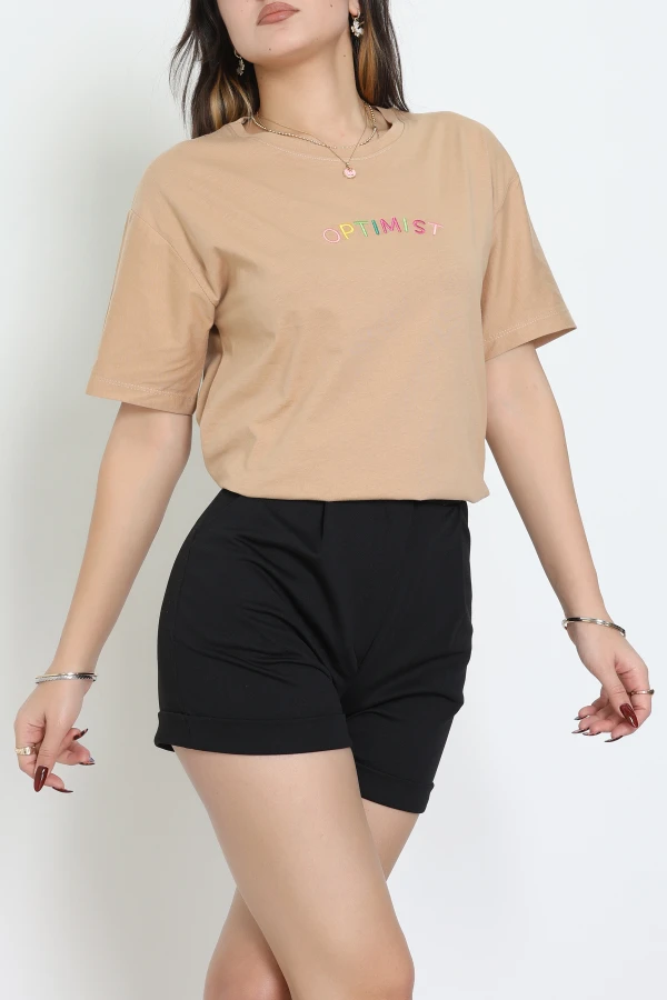 Suprem Nakışlı Oversize Tişört Camel - 31878.1878.