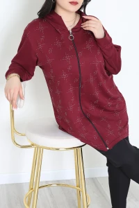 Desenli Kristal 2 İplik Kapşunlu Sweat Bordo - 55067.1990.