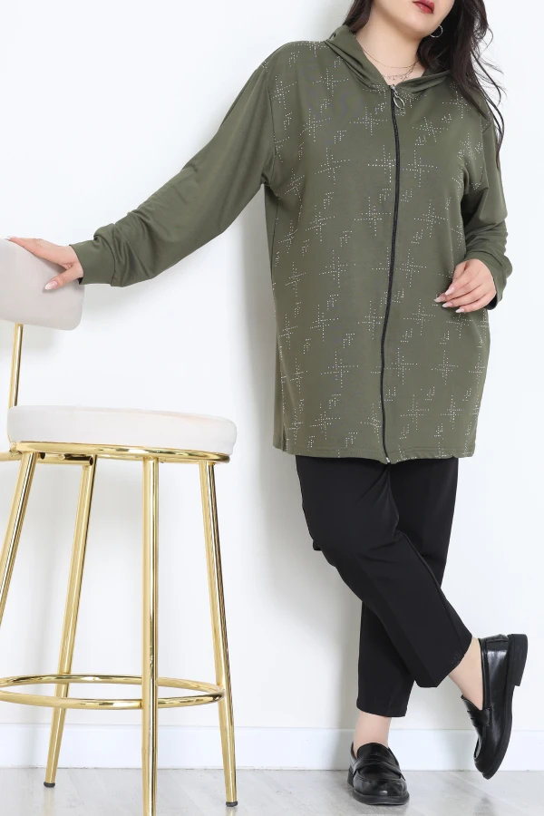 Desenli Kristal 2 İplik Kapşunlu Sweat Haki - 55067.1990.