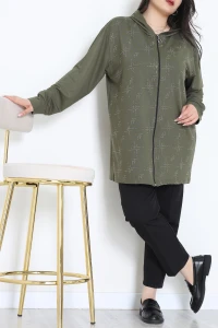 Desenli Kristal 2 İplik Kapşunlu Sweat Haki - 55067.1990.