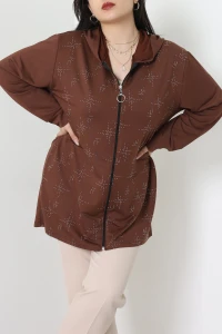 Desenli Kristal 2 İplik Kapşunlu Sweat Kahve - 55067.1990.