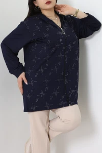 Desenli Kristal 2 İplik Kapşunlu Sweat Lacivert - 55067.1990.