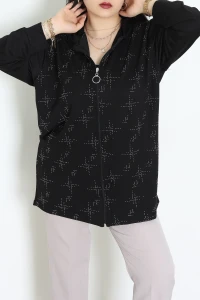 Desenli Kristal 2 İplik Kapşunlu Sweat Siyah - 55067.1990.