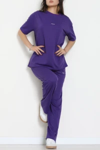 Baskılı Oversize İki İplik Wortex Takım Mor - 80315.1878.