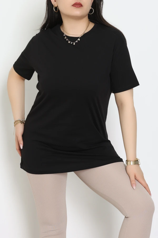 Büyük Beden Bisiklet Yaka Lüks Penye Tişört Siyah - 80666.1878.