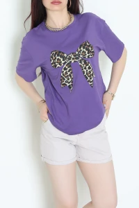 Bisiklet Yaka Oversize Lüks Penye Tişört Mor - 30571.1878.