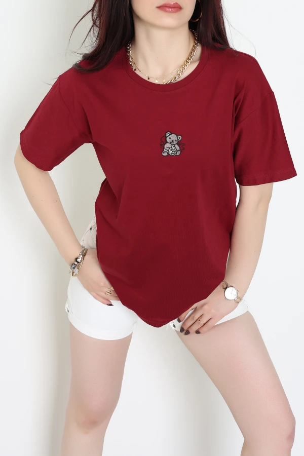 Suprem Nakışlı Oversize Tişört Bordo - 31877.1878.