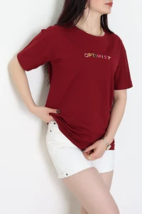 Suprem Nakışlı Oversize Tişört Bordo - 31878.1878.