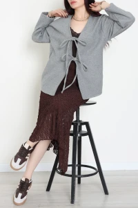 Önü Bağcıklı Kaşe Hırka Gri - 70995.1775.