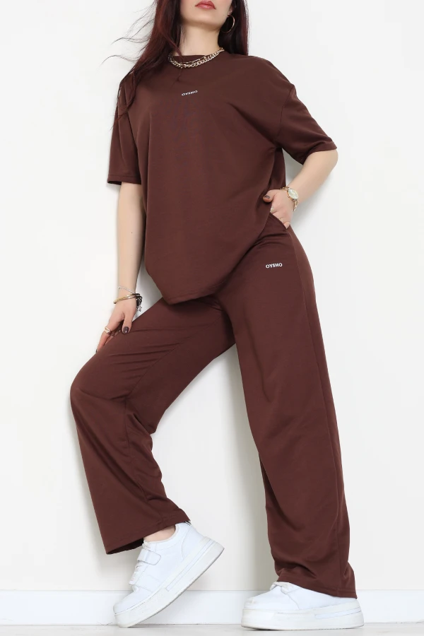 Baskılı Oversize İki İplik Wortex Takım Kahve - 80315.1878.