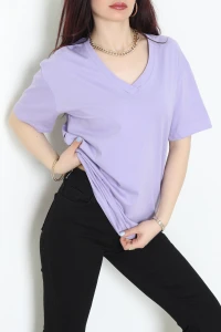 V Yaka Oversize Lüx Penye Tişört Lila - 90900.1878.