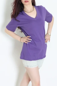 V Yaka Oversize Lüx Penye Tişört Mor - 90900.1878.
