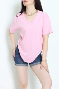 V Yaka Oversize Lüx Penye Tişört Pembe - 90900.1878.