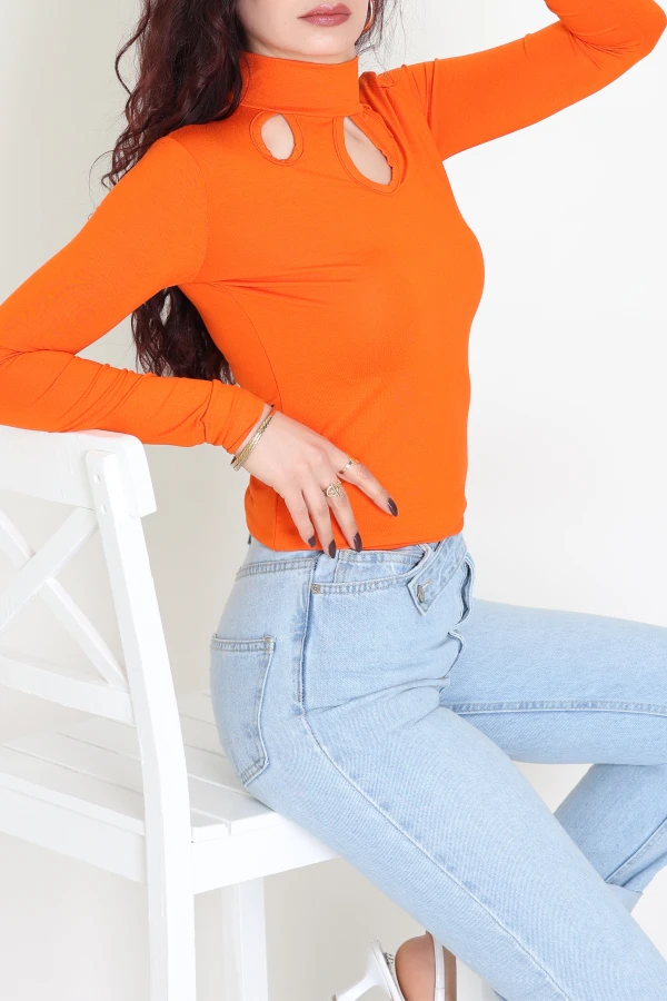 Dik Yaka Üç Damla Detaylı Viskon Bluz Oranj - 70978.599.