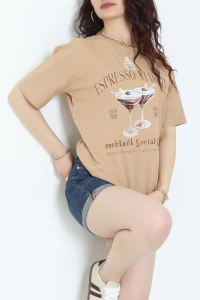 Suprem Baskılı Oversize Tişört Camel - 31889.1878.