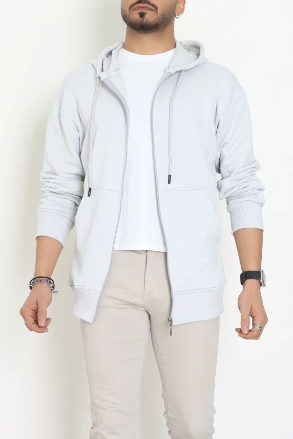 3 İplik Şardonsuz Kapşonlu Fermuarlı Erkek Sweat Boyalıgri - 42815.1878.