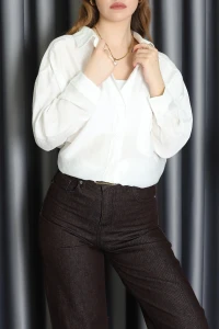 Düşük Omuzlu Dokuma Modal Oversize Gömlek Ekru - 70939.1995.