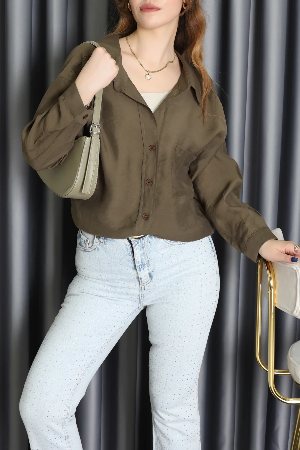Düşük Omuzlu Dokuma Modal Oversize Gömlek Haki - 70939.1995.