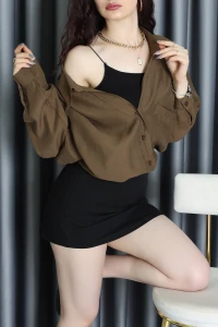 Düşük Omuzlu Dokuma Modal Oversize Gömlek Kahve - 70939.1995.