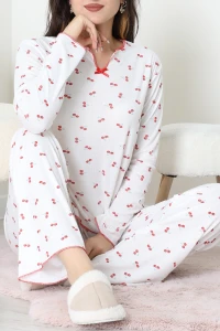 Viskon Ribana Baharlık Fiyonklu Pijama Takımı Kiraz - 785.1287.