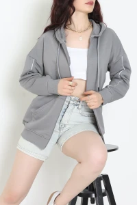 3 İplik Şardonsuz Fermuarlı Şeritli Oversize Sweat Koyugri - 80772.1878.