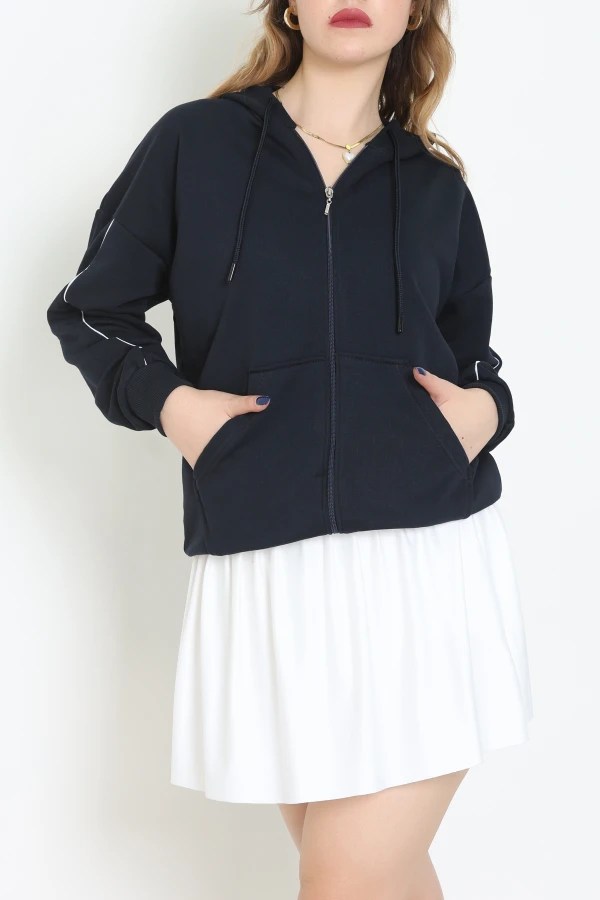 3 İplik Şardonsuz Fermuarlı Şeritli Oversize Sweat Lacivert - 80772.1878.