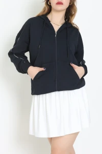 3 İplik Şardonsuz Fermuarlı Şeritli Oversize Sweat Lacivert - 80772.1878.