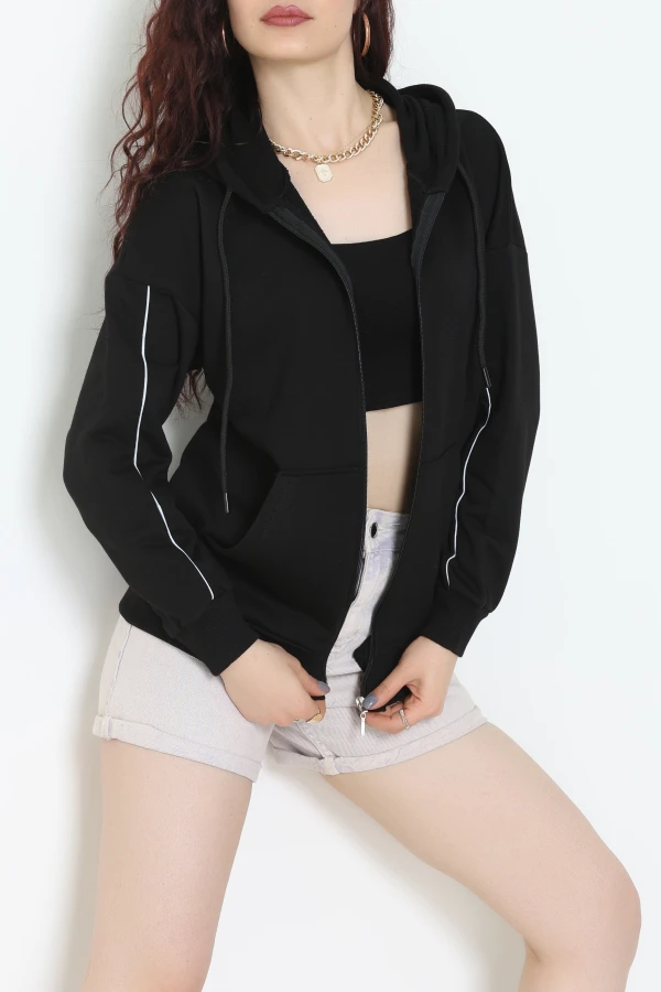 3 İplik Şardonsuz Fermuarlı Şeritli Oversize Sweat Siyah - 80772.1878.