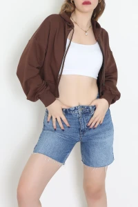 3 İplik Şardonsuz Balon Kol Crop Sweat Kahve - 80773.1878.