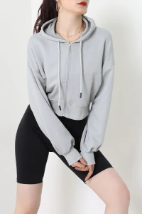 3 İplik Şardonsuz Balon Kol Crop Sweat Koyugri - 80773.1878.