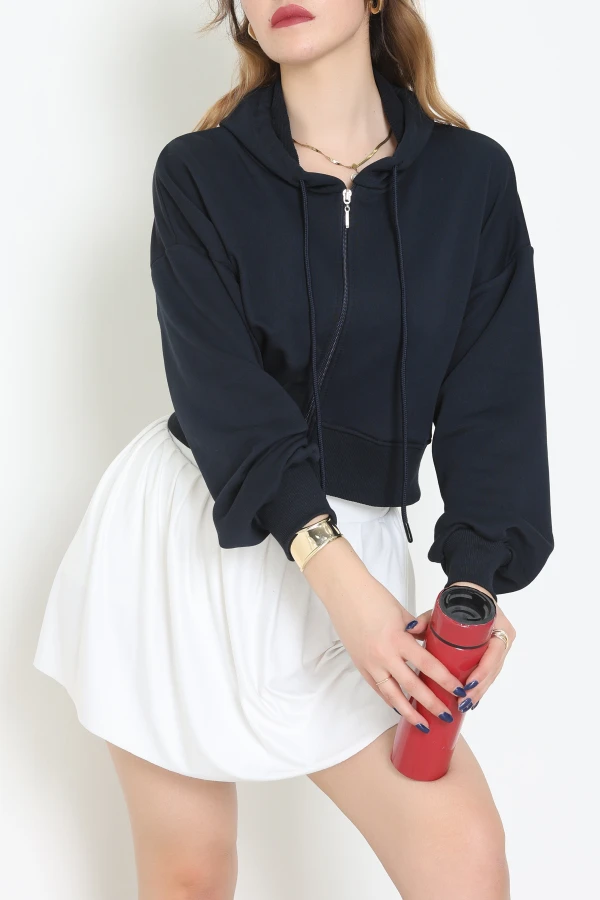 3 İplik Şardonsuz Balon Kol Crop Sweat Lacivert - 80773.1878.