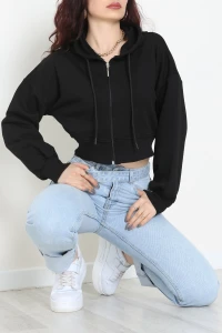3 İplik Şardonsuz Balon Kol Crop Sweat Siyah - 80773.1878.