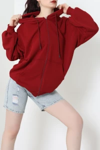 3 İplik Şardonsuz Fermuarlı Oversize Kanguru Sweat Bordo - 80775.1878.