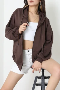 3 İplik Şardonsuz Fermuarlı Oversize Kanguru Sweat Kahve - 80775.1878.