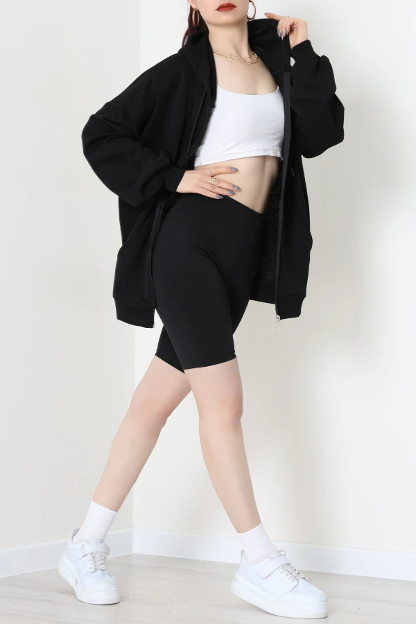3 İplik Şardonsuz Fermuarlı Oversize Kanguru Sweat Siyah - 80775.1878.