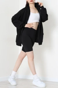 3 İplik Şardonsuz Fermuarlı Oversize Kanguru Sweat Siyah - 80775.1878.