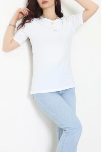 Baskılı Bisiklet Yaka Lüks Penye Tişört Beyaz - 90910.1878.