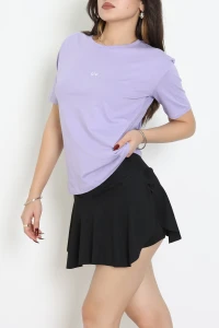 Baskılı Bisiklet Yaka Lüks Penye Tişört Lila - 90910.1878.