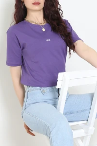 Baskılı Bisiklet Yaka Penye Tişört Açıkmor - 90910.1878.