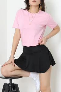 Baskılı Bisiklet Yaka Penye Tişört Pembe - 90910.1878.