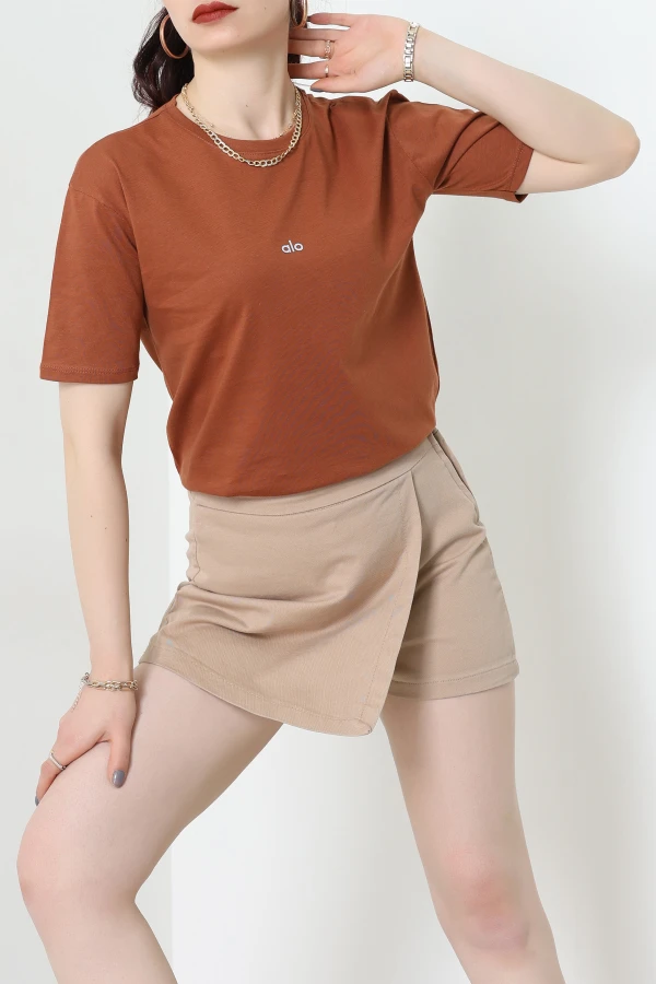 Baskılı Bisiklet Yaka Lüks Penye Tişört Kiremit - 90910.1878.